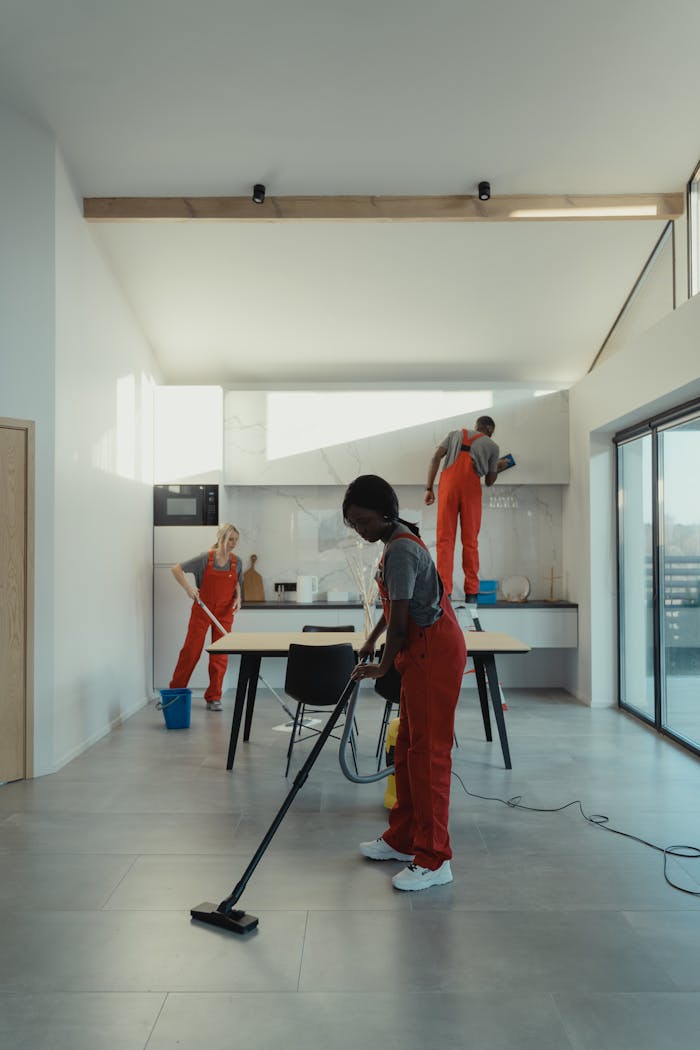 services-03 A diverse group of professionals cleaning a modern home interior.